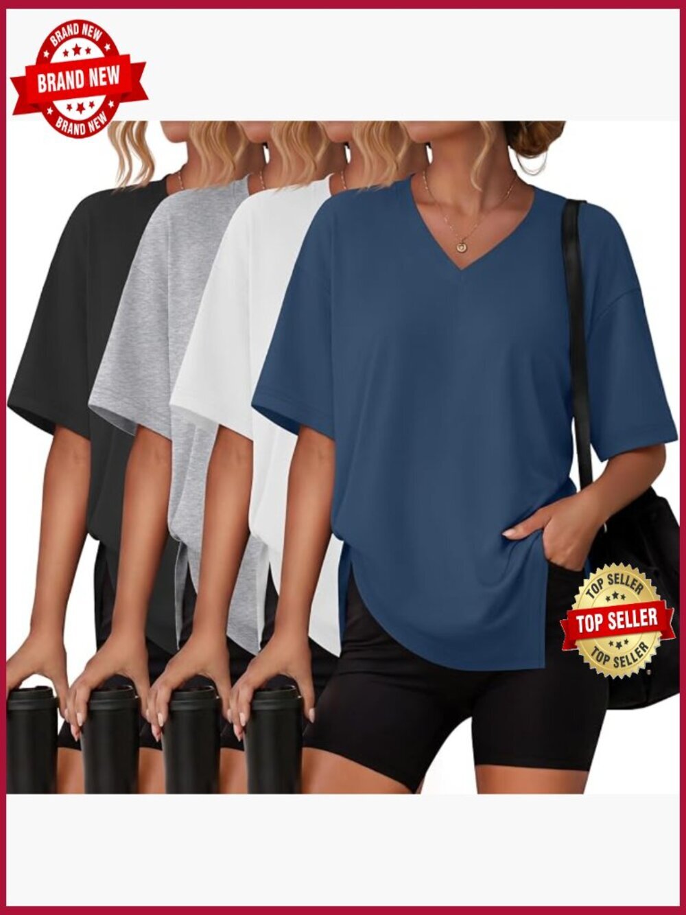 4 Pack Oversized V Neck T-Shirts Side Split Short Sleeve Workout Tops